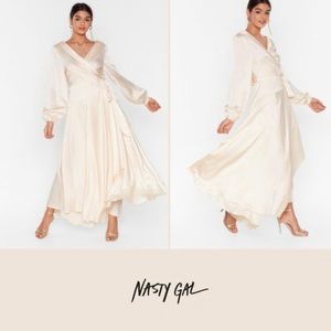 Nasty Gal Cream Satin Wrap Midi Dress